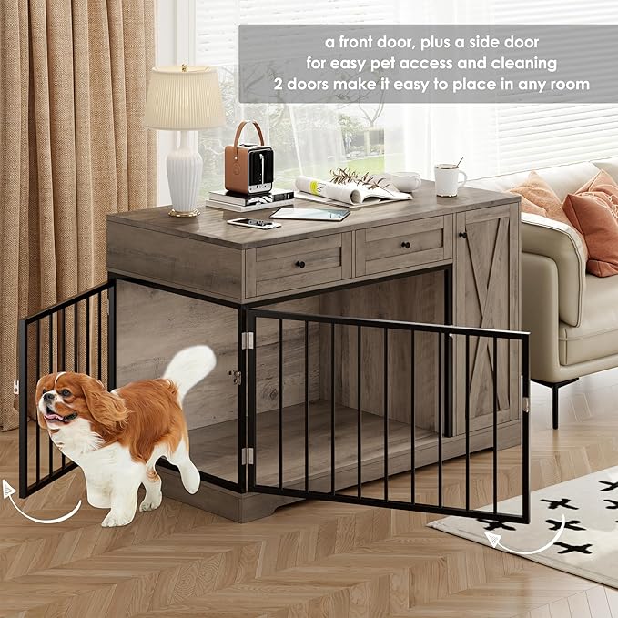 Dog Crate Furniture Kennel with Double Doors Wooden Pet House with 2 Drawers and Storage Cabinet, Indoor Dog Cage Farmhouse Modern Side End Table for Small Medium Dogs, Rustic-PawvioPets