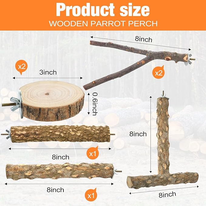 Bird Perch Stand, Pole Standing Natural Wood Bird Perch Set 7PCS Paw Grinding Fork Parrot Cage Branch with Rope Cage Accessories Toys for Parakeets, Cockatiels, Conure, Budgies-PawvioPets