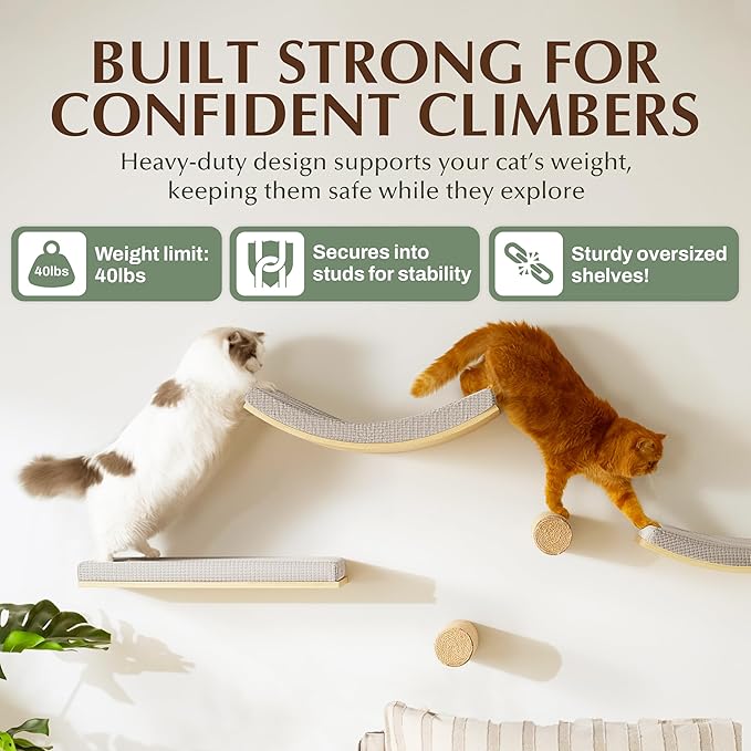 2-Pack Sisal Wall-Mounted Cat Climbing Wall Steps, Cat Wall Steps/Stairs with Sisal Scratching Surface, Wall Shelf Furniture for Climbing & Play for Kittens & Cats, Hidden Mounts-PawvioPets