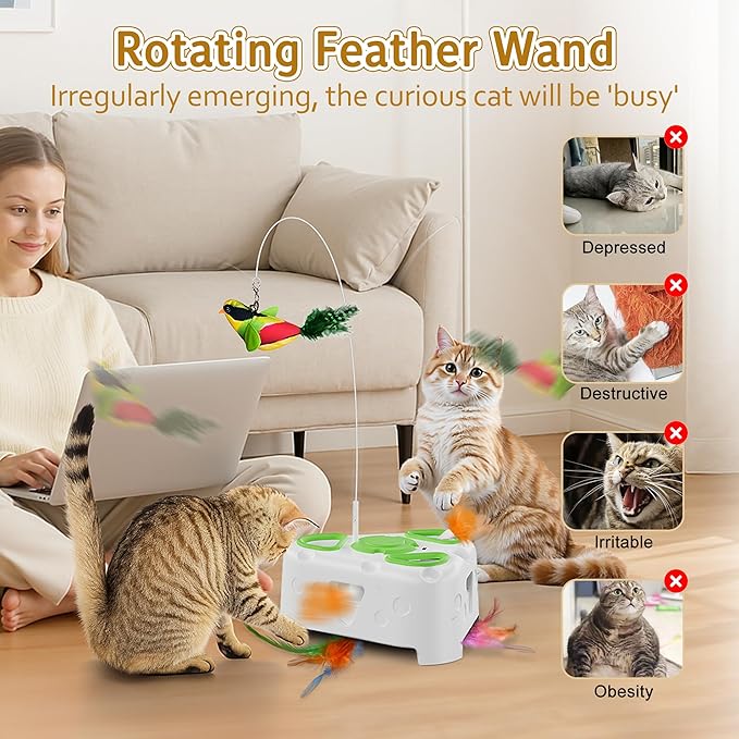 3-in-1 Interactive Cat Toys for Indoor Cats,Automatic Kitten Toy,Flying Bird,6 Holes Mole,Rotating Feather, Rechargeable USB Interactive Cat Feather Toys for Bored Indoor Cats-PawvioPets