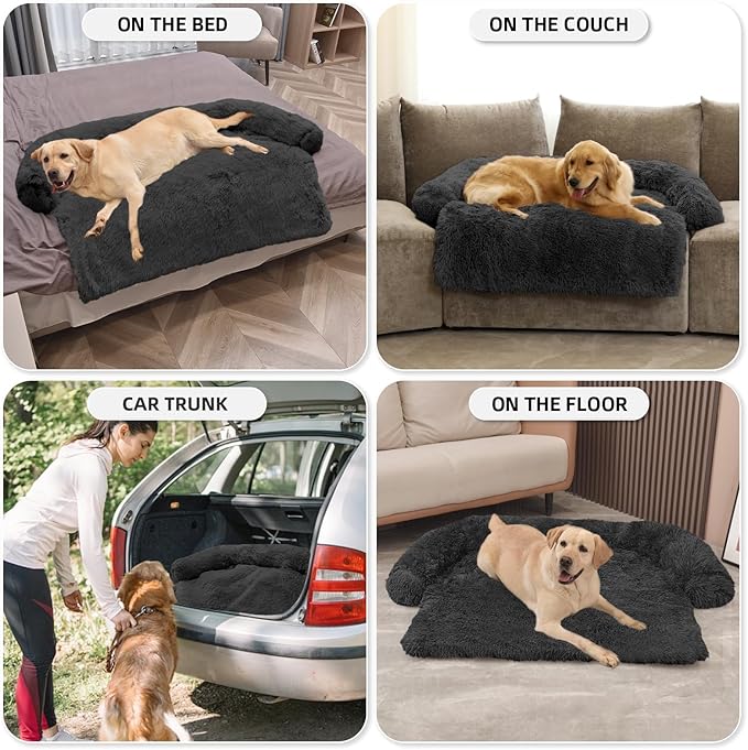 GGIB Calming Dog Bed Fluffy Plush Dog Mat for Furniture Protector with Removable Washable Cover for Large Medium Small Dogs and Cats (Extra Extra Large, Dark Grey)-PawvioPets