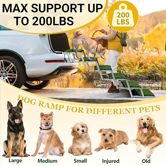 Extra Wide Dog Stairs for Car, Portable Folding Dog Ramps,Doggy Steps for Large Dogs with Non-Slip Grass Rug for Cars, SUV, Trucks, Lightweight Pet Ramp Supports Up to 200 lb, 6 Steps-PawvioPets