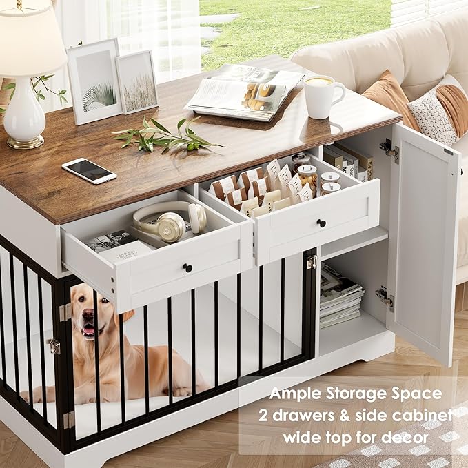Dog Crate Furniture Kennel with Double Doors Wooden Pet House with 2 Drawers and Storage Cabinet, Indoor Dog Cage Farmhouse Modern Side End Table for Small Medium Dogs, White-PawvioPets