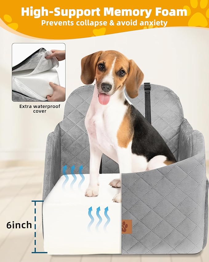 Car Seat Booster for Dog: High-Support Memory Foam Pet Car Seat for Small/Medium Dogs Under 35lbs with Elevated Cushion - Detachable Washable Puppy Travel Bed for Driving with Pockets (Grey)-PawvioPets