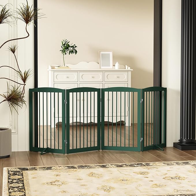 Freestanding Pet Gate for Dogs, Indoor Wooden Dog Gate for House, Foldable Dog Gate for Doorway, Stair, Step Over Pet Puppy Safety Fence Tall, 80 Inch Wide, 4 Panels 32", Green-PawvioPets