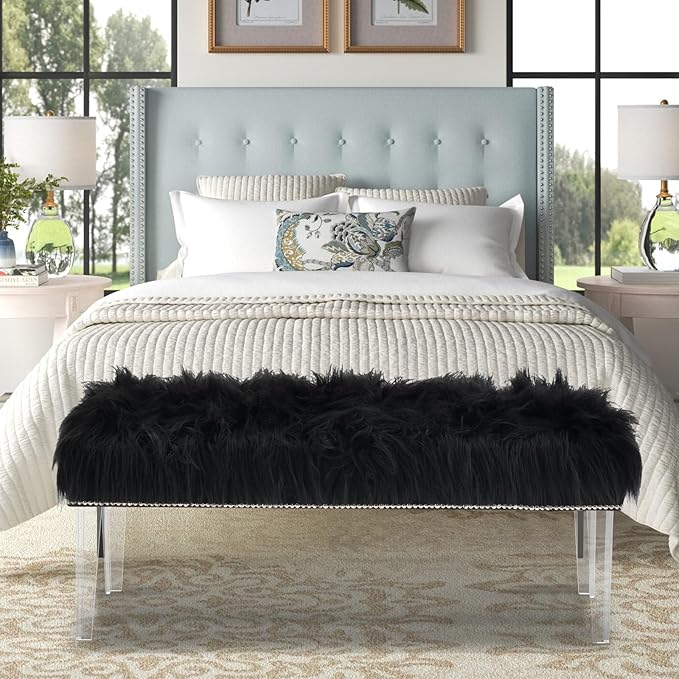 46 Inch Black Bedroom Bench, Benches for Bedroom White Faux Fur Upholstered Bed end Bench, Tufting Bench Indoor Bench with Acrylic Legs for Living Room Bedroom Dining Room Entryway, Black-PawvioPets