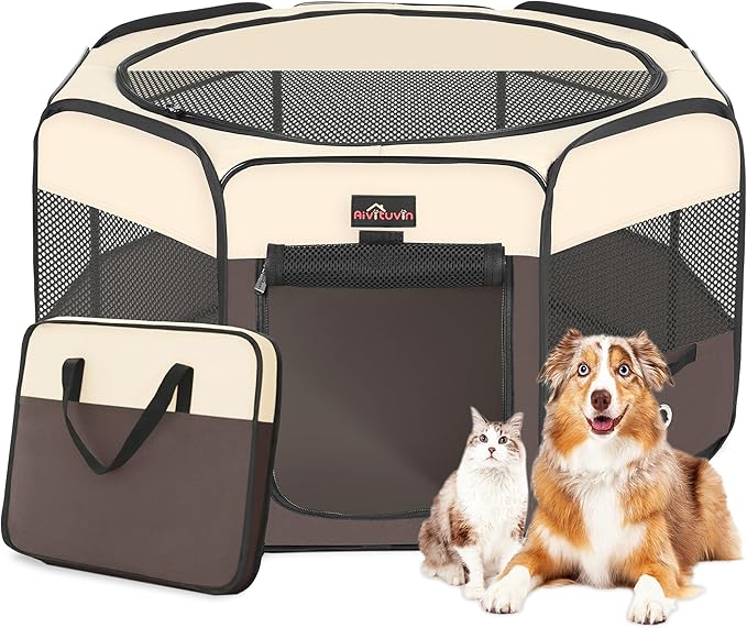 Aivituvin Dog Playpen, Foldable Pet Play Pens with Carrying Bag for Cat, Puppies, Rabbits, Portable Dog Tent Crates Cage for Travel Camping Indoor Outdoor, Removable Shade Cover, Brown M-PawvioPets