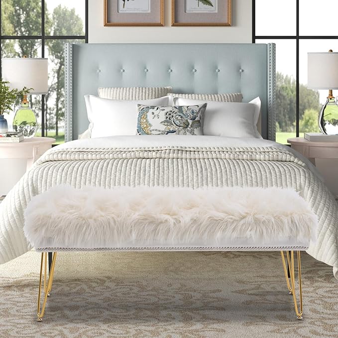 46 Inch White Bedroom Bench, Benches for Bedroom White Faux Fur Upholstered Bed end Bench, Tufting Ottoman Bench Indoor Bench with Metal Legs for Living Room Bedroom Entryway, White-PawvioPets