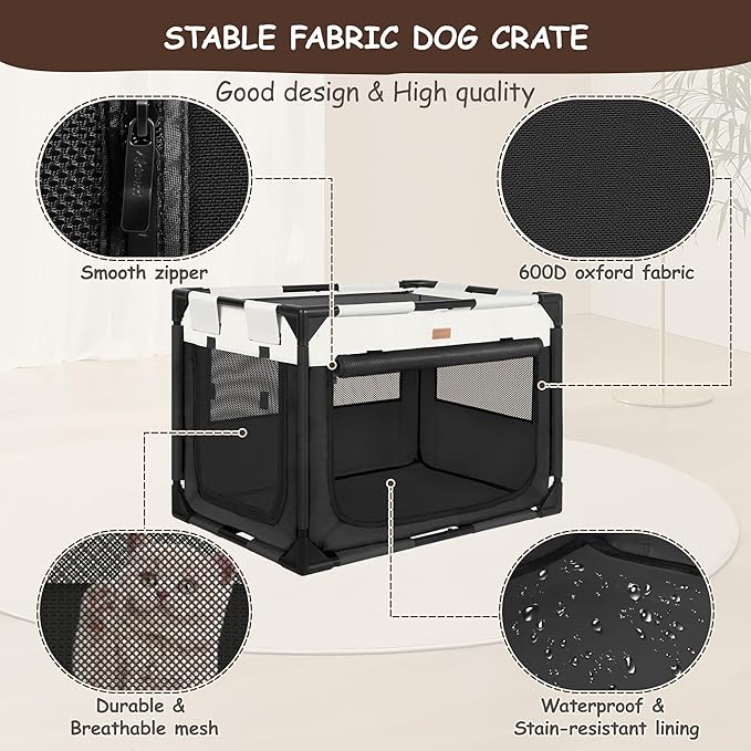 Dog Crate - Soft Pet Kennel for Dogs/Cats, 3-Door Breathable Travel Cage with Mesh Window, Portable Dog Kennel for Indoor & Outdoor, Black-L-PawvioPets