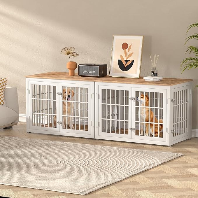 38 Inch Heavy Duty Dog Crate Furniture for Large and Medium Dogs, Decorative Pet House End Table, Wooden Cage Kennel Furniture Indoor, Natural and White-PawvioPets