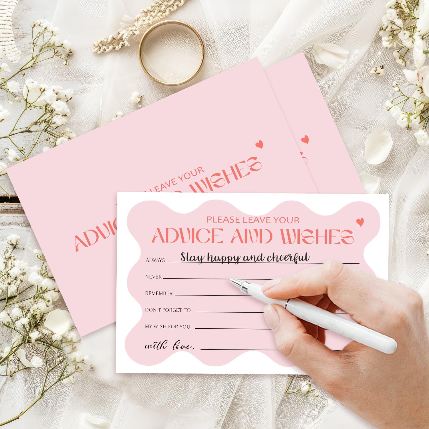 25 Advice and Wishes Cards, Pink Wavy Fill-In Advice Cards for Bridal Shower Wedding Birthday Party Baby Shower Graduation Party, Well Wishes Card for Mr & Mrs Adults, Party Supplies -01