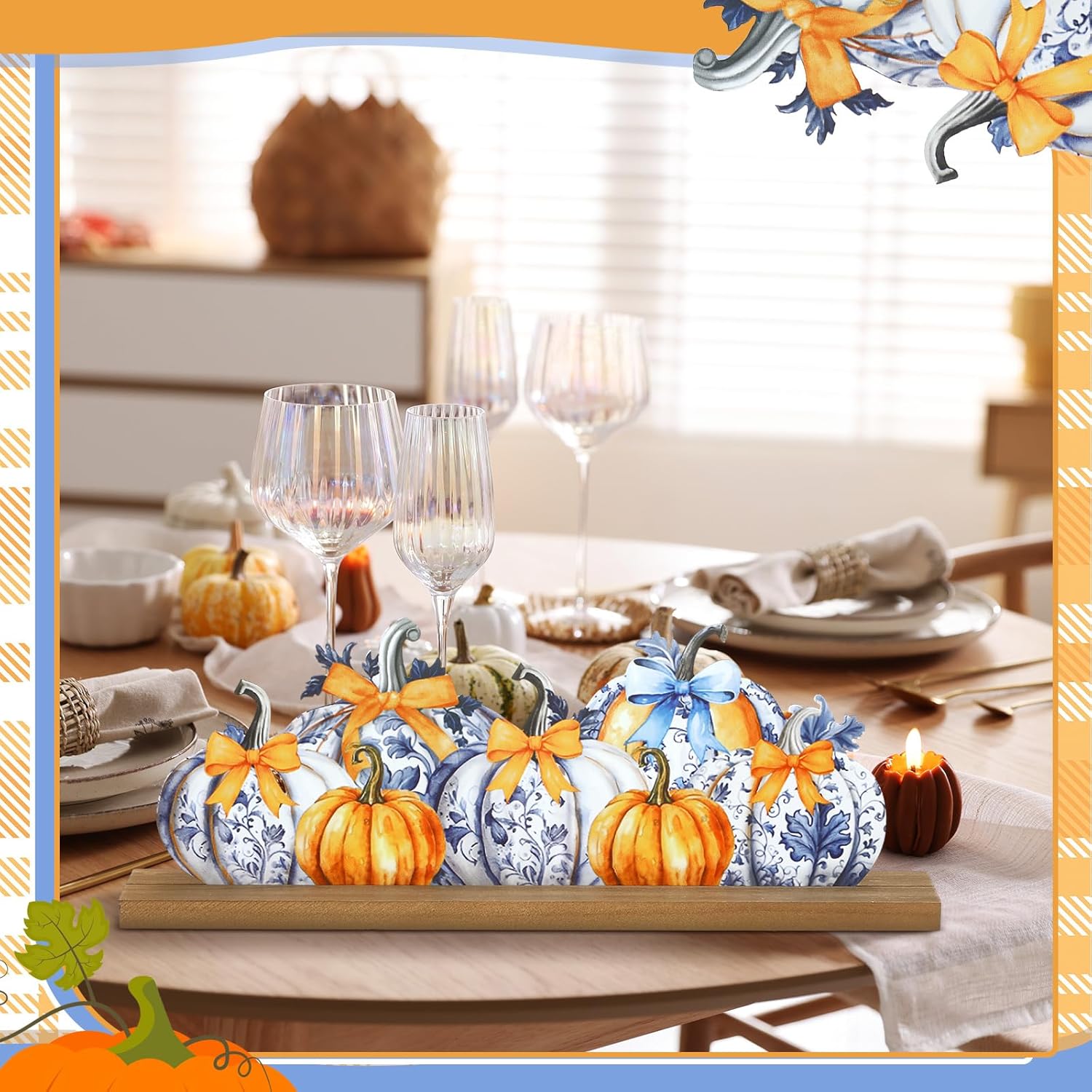 Fall Pumpkin Metal Sign Chinoiserie Pumpkin Table Decor Thanksgiving Tiered Tray Decor with Wooden Base Freestanding Metal Word Sign for Home Tabletop Centerpiece Mantel Shelf Fireplace