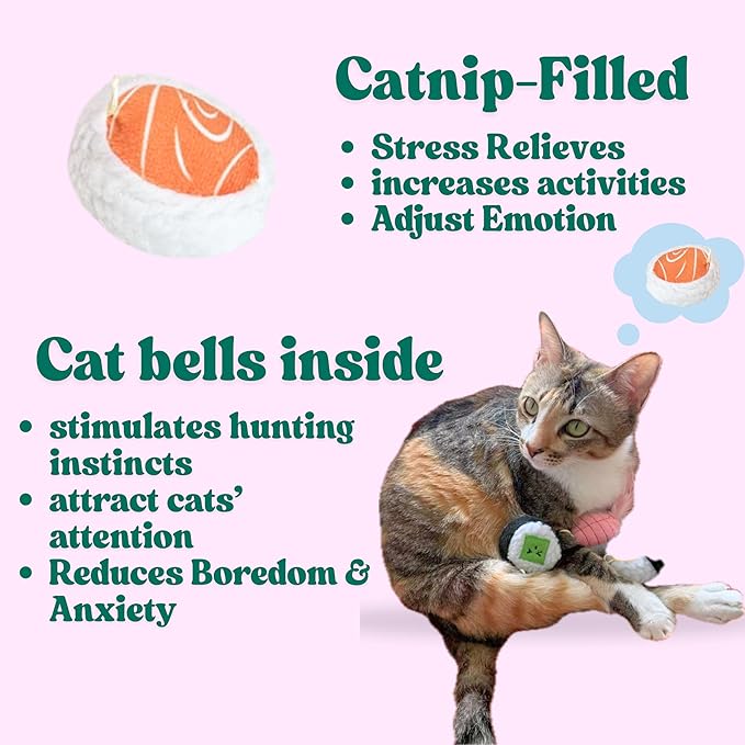 5 Pack Sushi Cat Toys, Interactive Catnip with Bells Inside Kitten Boredom Relief, Soft and Durable, Indoor Kitty Exercise Pet Toys-PawvioPets