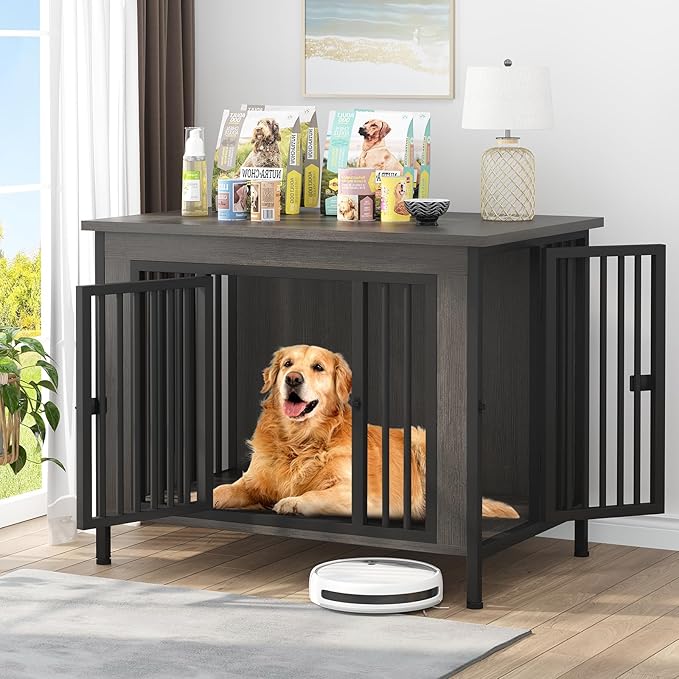 EasyCom 39.96" XL Wooden Large Dog Crate Furniture for Medium and Large Breed, Chew-Resistant Dog Kennel Furniture Indoor with 2 Doors and 3.94" Raised Feet, as TV Stand, End Table, Crate Table-PawvioPets