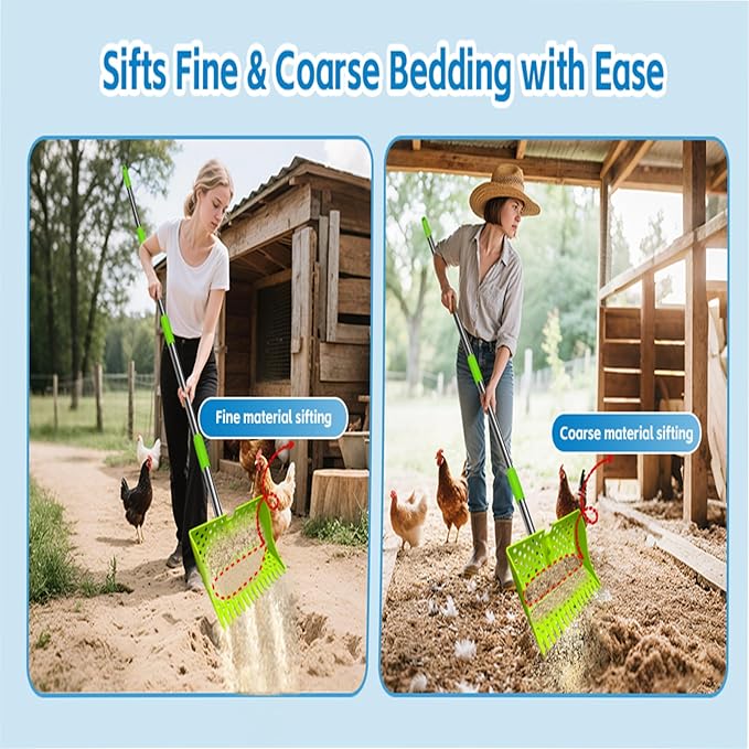 12-Inch 2-in-1 Chicken Poop Scooper & Rake – US Patent Pending – 3-Shape Sifting Holes Chicken Coop Rake，Stainless Steel Handle （20–61"）– Litter Scoop Sand & Sifting Shovel for Chicken Coops(Green)-PawvioPets