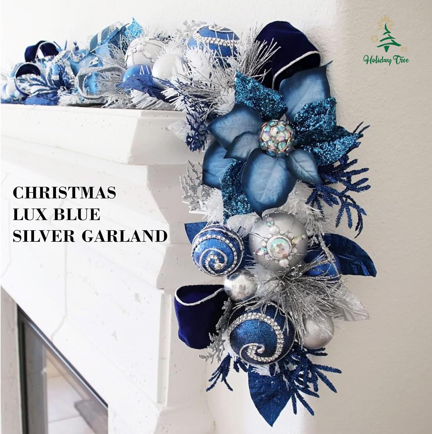 5 ft Christmas Garland for Mantle Unlit Garland for Stairs Railing, Banister, Staircase, Fireplace, for Table No Light, Garland Decor Frosted Red Poinsettia Holiday Tree (Lux Blue Silver)