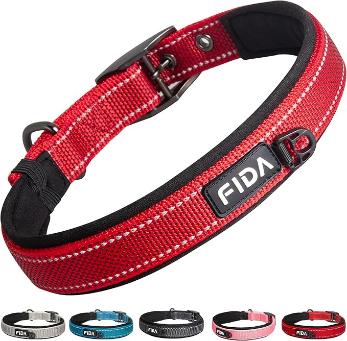 Fida Heavy Duty Dog Collar, Ultra Comfortable Soft Neoprene Padded, Adjustable Reflective Nylon Pet Collar with Durable Metal Belt Buckle for Small Breeds (S, Red)-PawvioPets