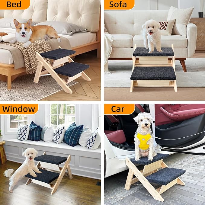 Dog Stairs/Ramp for Bed, Wooden Convertible Pet Steps, Portable Dog Ladder Up to 180 Pound for Elderly/Short-Legged Dogs, 2 Steps for Beds, Couch, Cars-PawvioPets