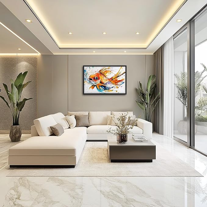 Framed Large Fish Wall Art for Living Room, Oversized Graffiti Goldfish Wall Decor Watercolor Fishing Canvas Painting Modern Artwork Home Decoration for Living Room Bedroom Office 36"x24"-PawvioPets