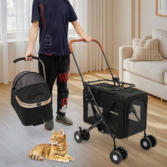 Foldable Pet Stroller for Small & Medium Dogs, Double Dog & Cat Stroller with 3-in-1 Travel System, Detachable Pet Carrier with Wheels for Cats and Dogs up to 77 lbs, Black-PawvioPets