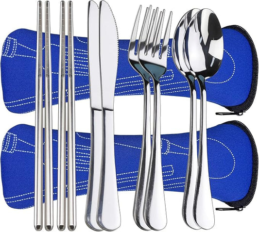 10PCS Portable Silverware Set with Case, Lengnoyp Travel Camping Utensils Set, Premium Stainless Steel Travel Cutlery Set, Reusable Safe Flatware Sets for Lunch Box/Workplace/Students, Silver-PawvioPets