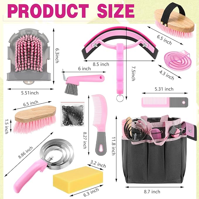 Abbylike 12 Pieces Horse Grooming Kit with Organizer Tote Bag Tack Room Supplies Horse Brush Sets Equine Care Cleaning Kit Shedding Grooming Massaging Tools(Pink and Grey)-PawvioPets