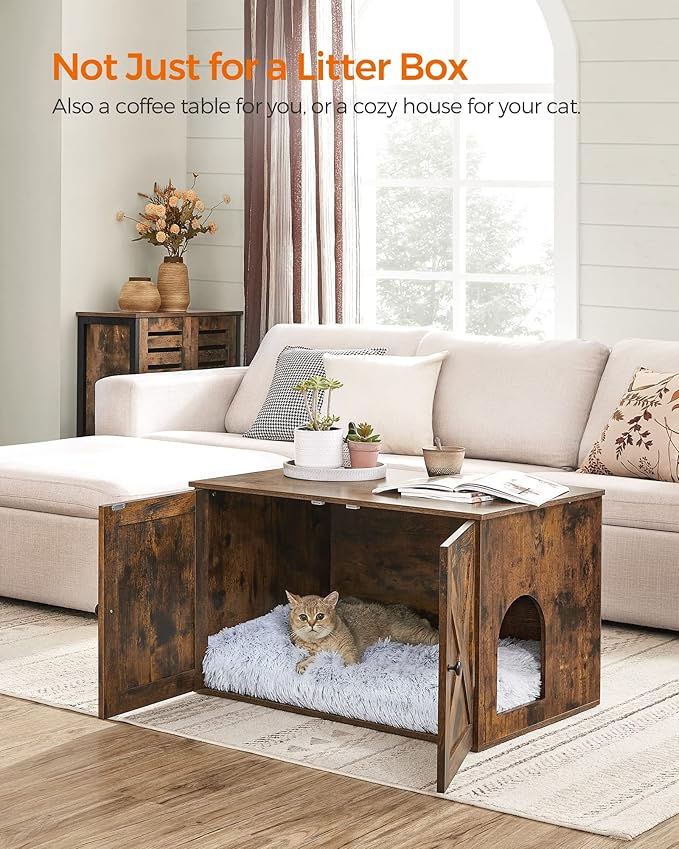 Feandrea Cat Litter Box Enclosure, Litter Box Furniture Hidden with Removable Divider, Indoor Cat House, End Table, 31.5 x 20.9 x 19.7 Inches, Rustic Brown UPCL002X01-PawvioPets