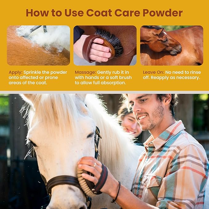 Coat Care Powder for Horses 8.4oz | Made in USA | Equine Skin Conditioner for Sweet Itch, Rain Rot & Skin Issues | Effective Dry Horse Shampoo & Daily Preventative | Herbal & Natural Formula-PawvioPets