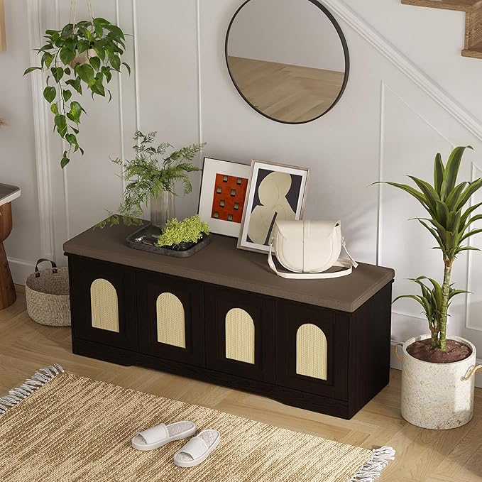 DINZI LVJ Shoe Bench, Entryway Storage Bench with Doors, Cushion, 2-Tier Shoe Rack with 8-Cubby, 47.2”L x 13.8”W Shoe Organizer Cabinet, Adjustable Shelf, Living Room, Bedroom, Espresso with Rattan-PawvioPets