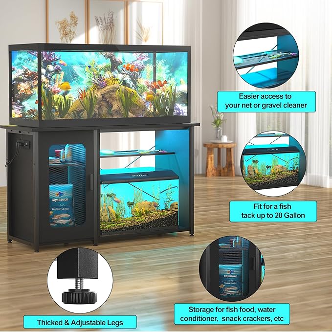 55-75 Gallon Fish Tank Stand with Power Outlets & LED Light, Reversible Heavy Duty Metal Aquarium Stand with Cabinet for Fish Tank Accessories Storage, Turtle/Reptile Terrariums, Black-PawvioPets