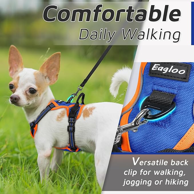 Eagloo Small Dog Harness No Pull, Service Vest with Reflective Strips and Control Handle, Adjustable and Comfortable for Walking, No Choke Pet Harness with 2 Metal Rings, Blue & Orange, XS-PawvioPets