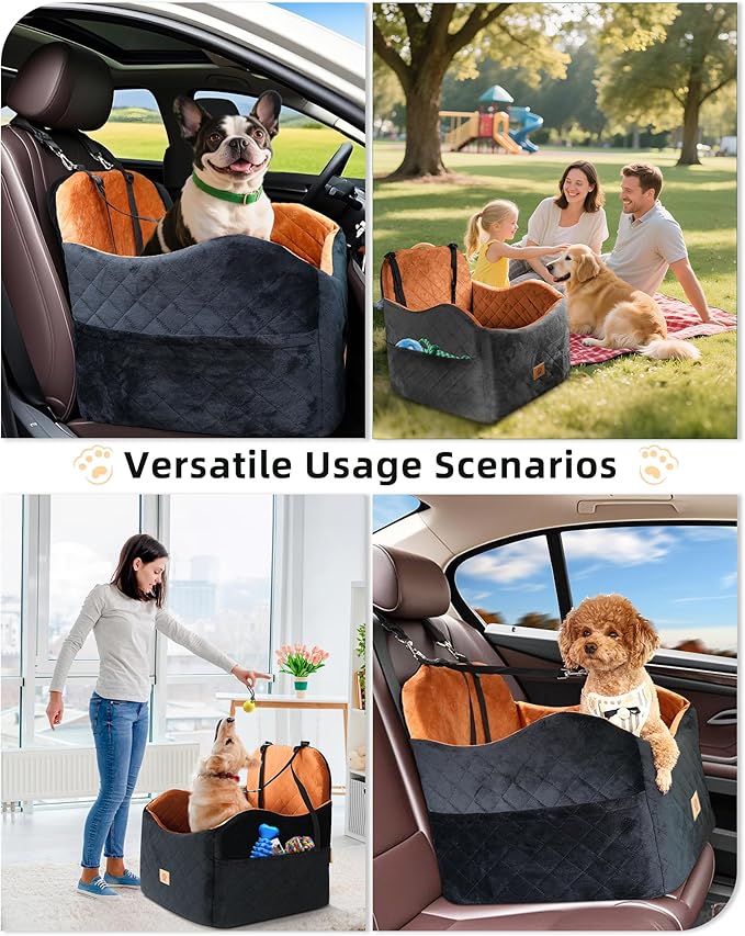 Car Seat Booster for Dog: High-Support Memory Foam Pet Car Seat for Small/Medium Dogs Under 35lbs with Elevated Cushion,Pockets - Detachable Washable Puppy Travel Bed for Driving(Black/Brown)-PawvioPets