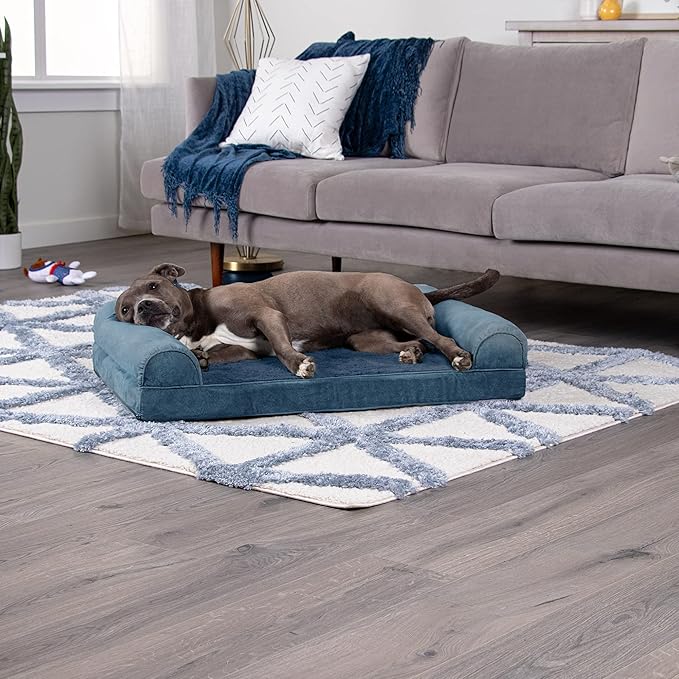 Furhaven Orthopedic Dog Bed for Large/Medium Dogs w/ Removable Bolsters & Washable Cover, For Dogs Up to 55 lbs - Faux Fur & Velvet Sofa - Harbor Blue, Large-PawvioPets