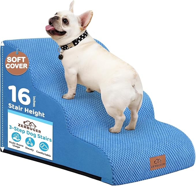 Dog Ramp and Stair for Bed 16" H-20 H,3-Step Cat Stair for Sofa and Chair,4-Step Dog Ramp for High Bed and Window,Durable Nonslip Fabric Cover for Indoor (Blue-16“H, Pet Friendly, 3)-PawvioPets