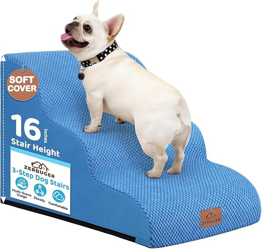 Dog Ramp and Stair for Bed 16" H-20 H,3-Step Cat Stair for Sofa and Chair,4-Step Dog Ramp for High Bed and Window,Durable Nonslip Fabric Cover for Indoor (Blue-16“H, Pet Friendly, 3)-PawvioPets