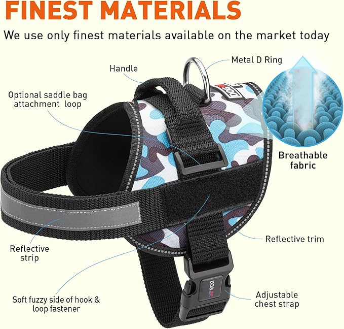 Dogline Dog Harness, Reflective No-Pull Adjustable Vest with Handle for Walking, Training, Breathable, No - Choke Harness for Small, Medium or Large Dogs Room for Patches Girth 22"-28" in Blue Camo-PawvioPets