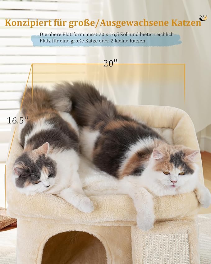 14in Cat Tree Tower with Large Perch, 20 * 16.5 Inch Top Bed for Adult Cats, Scratching Post with Bed for Kittens, Beige-PawvioPets