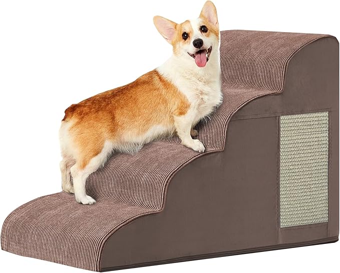 Dogs Steps for Bed, Dog Stairs for Small Dogs, 4-Step Dog Ramp for Bed, Couch, Sofa, and Chairs, Non-Slip Bottom Design, Cat Scratching, High Density Foam Portable Pet Step, Indoor, Coffee-PawvioPets