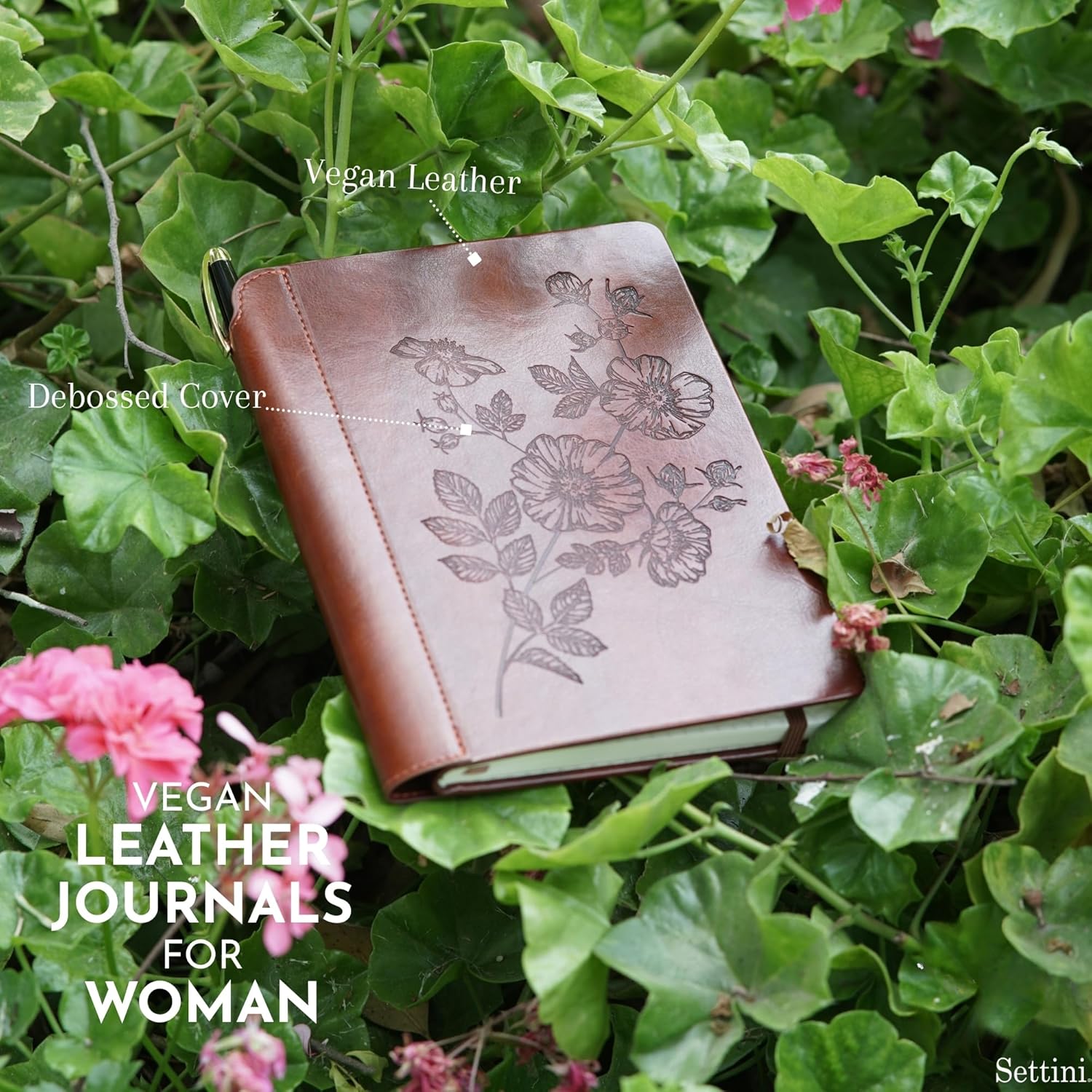 SETTINI® Lined Journal - Flower Journal for Writing Gift Set - Hardcover Vegan Leather, Unique Pen Holder, 192 Pages, 6" x 8.5" - Includes Pen and Gift Box - Birthday Gift