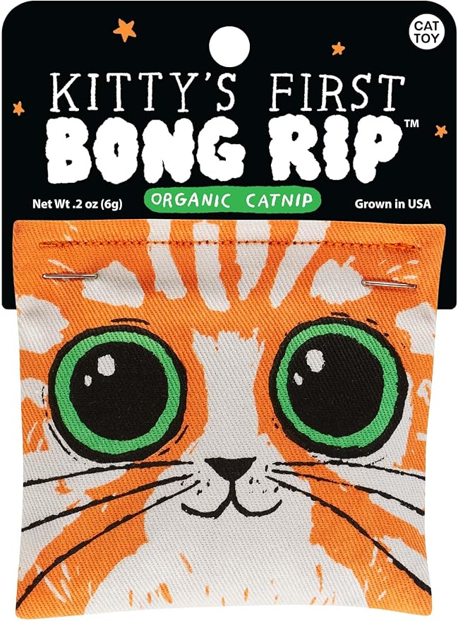 Blue Q Kitty's First Bong Rip Catnip Cat Toy. Premium Organic Catnip Grown in The USA, 100% Cotton Pouches, Kitty Graphics Sure to Delight Every Cat-Keeper.-PawvioPets