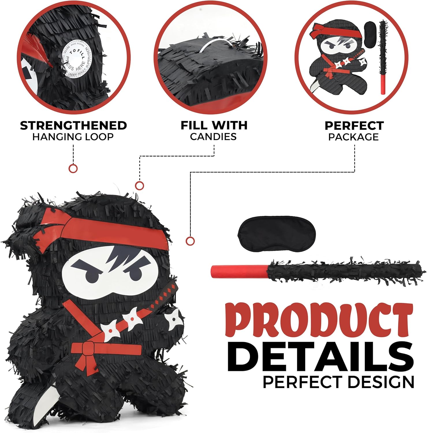 Ninja Pinatas Bundle with a Blindfold and Bat (16.5x12.6x4 Inches), Perfect for Birthday Parties, Theme Parties for boys, Decorations