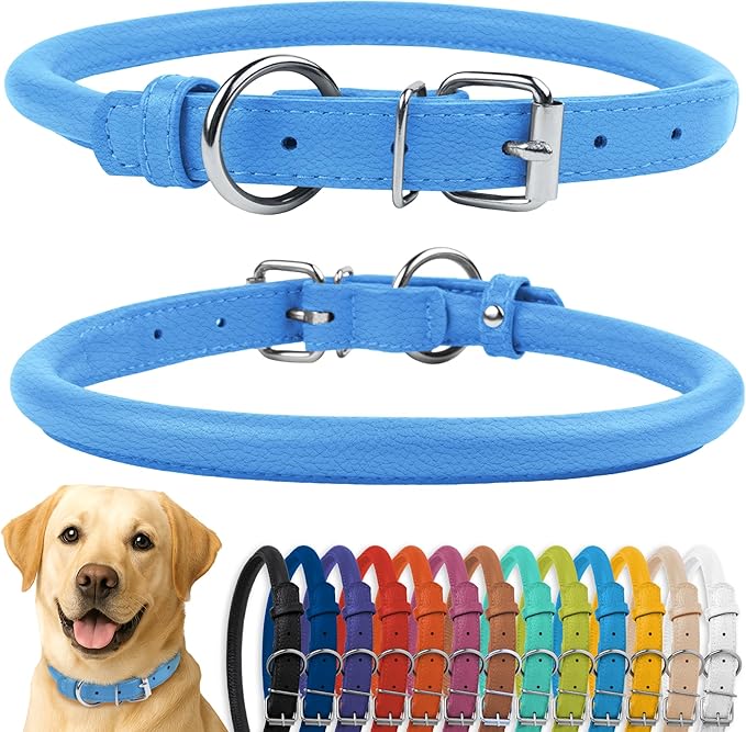 CollarDirect Rolled Leather Dog Collar, Soft Padded Round Puppy Collar, Handmade Genuine Leather Collar Dog Small Large Cat Collars 13 Colors (15-19 Inch, Light Blue Textured)-PawvioPets