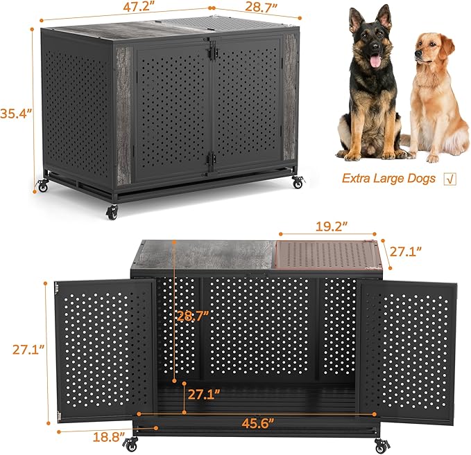 48" Heavy Duty Dog Crate Furniture for Extra Large Dogs, Enclosed Design with 0.5 inch Holes, Indestructible Metal Kennel for High Anxiety Dogs, Chew Proof Pet House Cage Indoor, Gray-PawvioPets