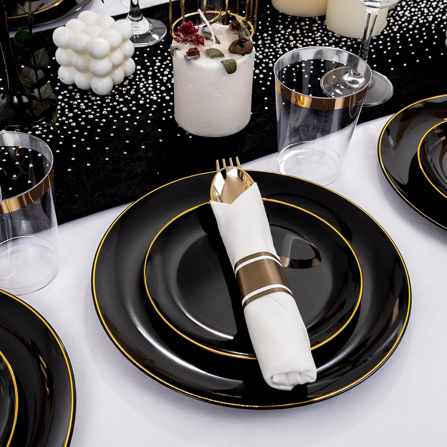KIRE 350 PCS Plastic Dinnerware Set for 50 Guests - Black and Gold Plates 50 for Dinner 50 for Dessert & 50 Pre Rolled Napkins with Disposable Silverware 50 Cups for Halloween Party/Banquet/Wedding
