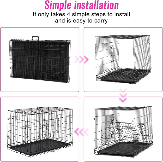 FDW Dog Crate for Large Dogs 48 Inch Folding Metal WirePet Cage Double Door W/Divider Panel Indoor Outdoor Kennel Leak-Proof Plastic Tray,Black-PawvioPets