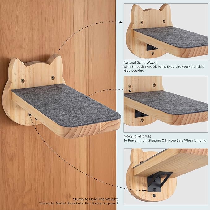 ESPETS Natural Solid Wood Cat Wall Floating Steps Set of 3 - Wall Mounted Wooden Cat Climbing Shelves and Perches, Kittty Stairs Ladder - Easy Install, Holds up 30lbs-PawvioPets