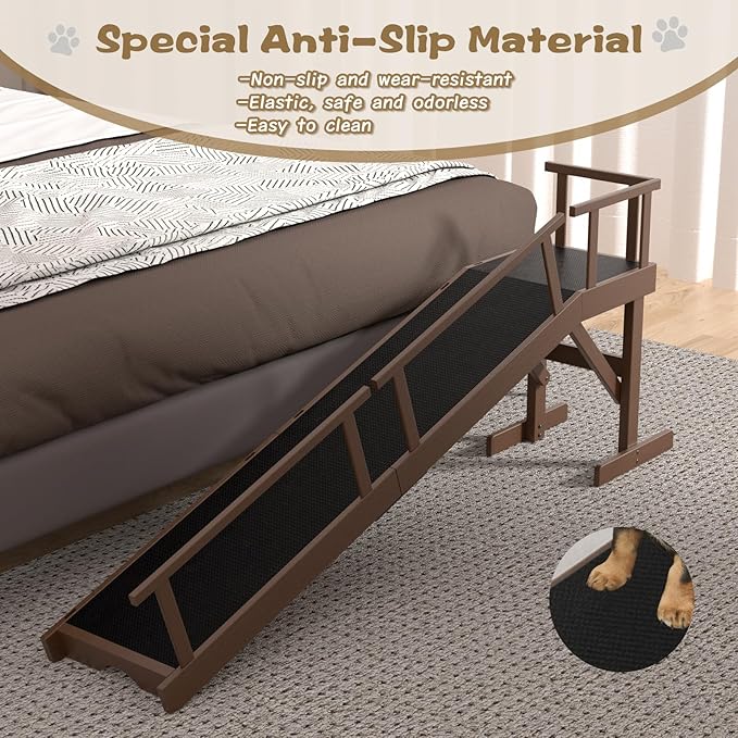 61" Dog Ramp for Bed, Pet Ramp with Removable Side Rail and Non-Slip Surface, Pet Ramp for Small & Large & Senior Dogs with Rest Platform and DIY Glow Strips,Dog Stairs for Couch, Brown-PawvioPets