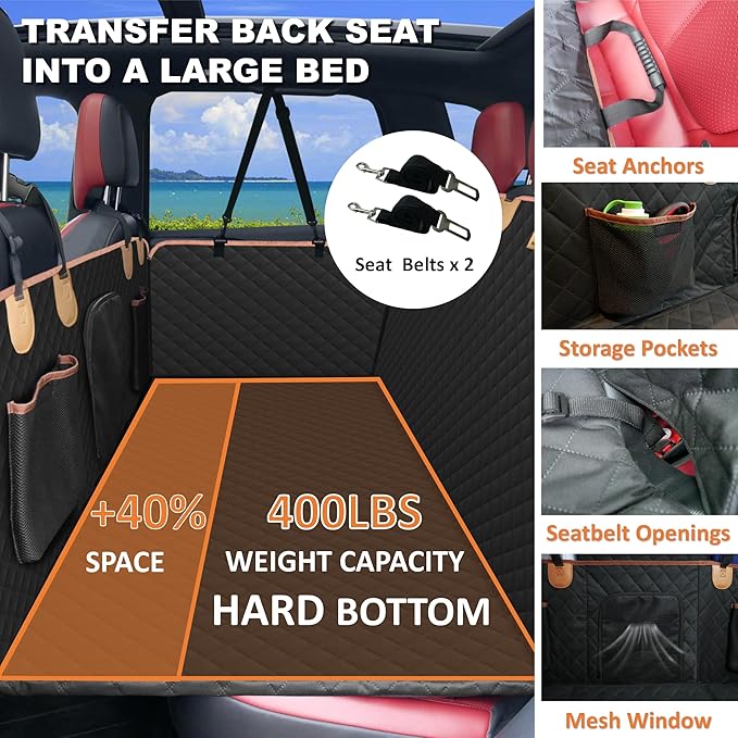 Back Seat Extender for Dogs Cats,Car Seat Cover with Hard Support,Waterproof Dog Hammock for Car Travel,Foldable Camping Bed Mattress for SUV Truck(Black)-PawvioPets