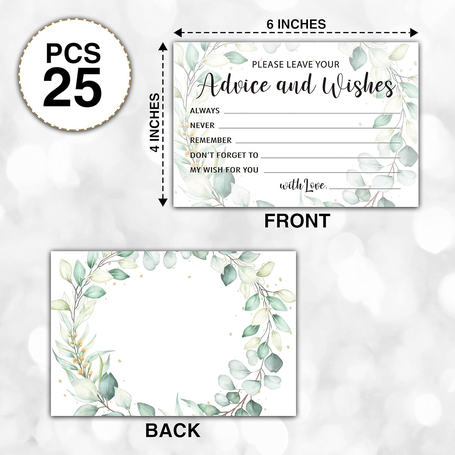 Greenery Advice and Wishes Cards, 25 Pcs Eucalyptus Double Sided Advice Cards for The Bride and Groom, Mr and Mrs, Bride Shower, Wedding Reception, Engagement Party(02)