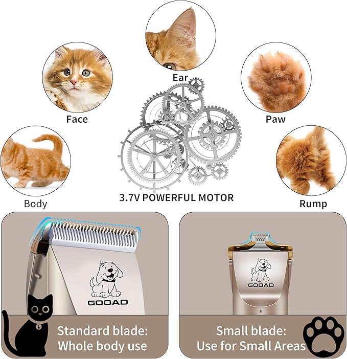 Cat Clippers for Matted Hair, Cat Grooming Kit, Cordless Cat Shaver for Long Hair, Low Noise Paw Trimmer, Cat Hair Trimmer for Grooming,Quiet Pet Hair Clippers Tools for Cats Dogs (Gold)-PawvioPets